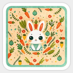 cute rabbit surrounded by flowers, plants and carrots, Scandinavian style Sticker